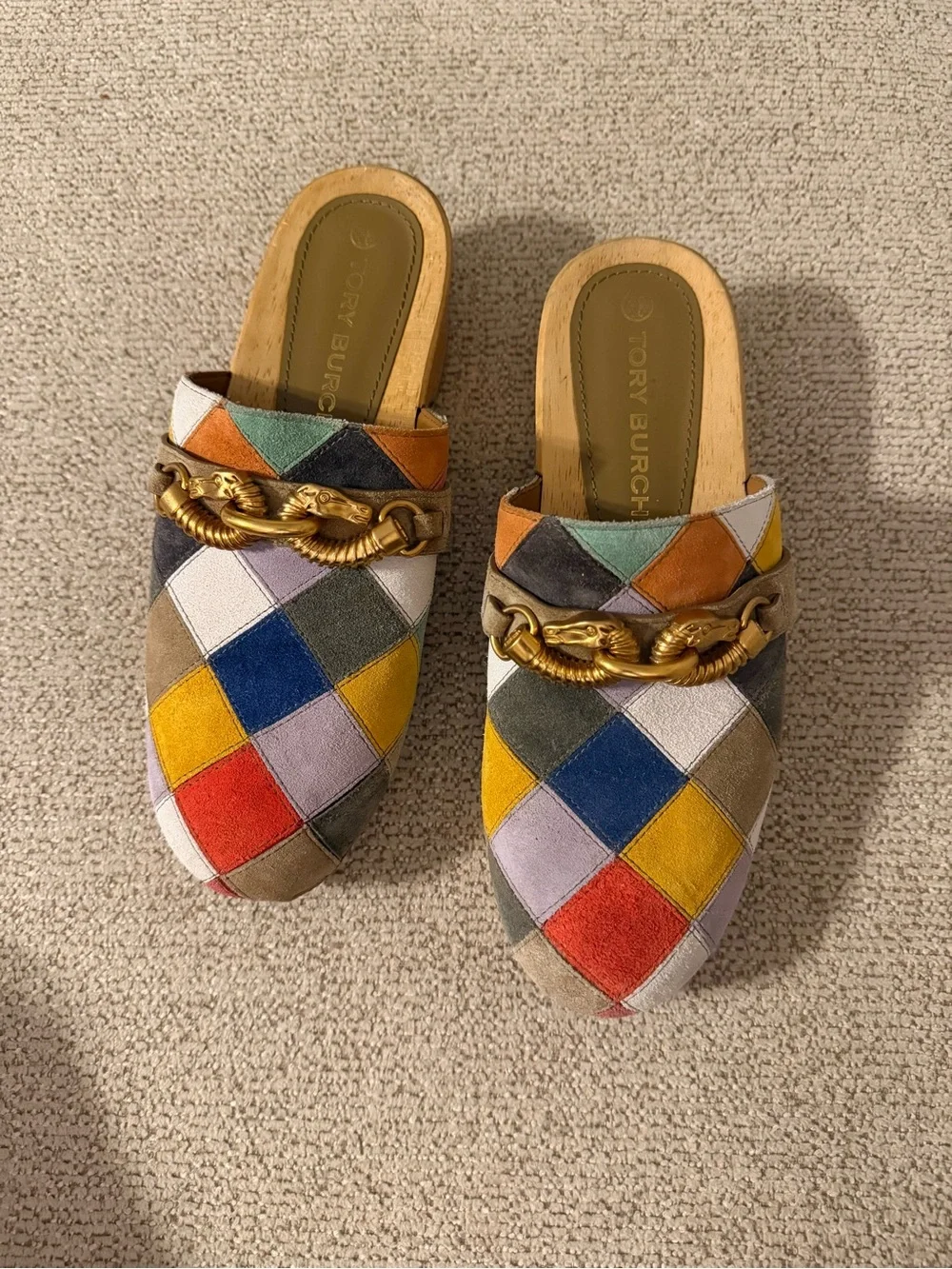 Tory Burch Jessa Patchwork Suede Clog Sandals Size 9